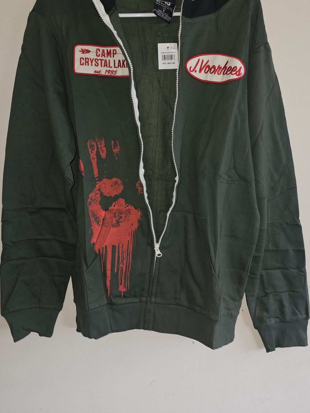 Dark Green Zip-Front Hoodie Jacket with Red Graphic